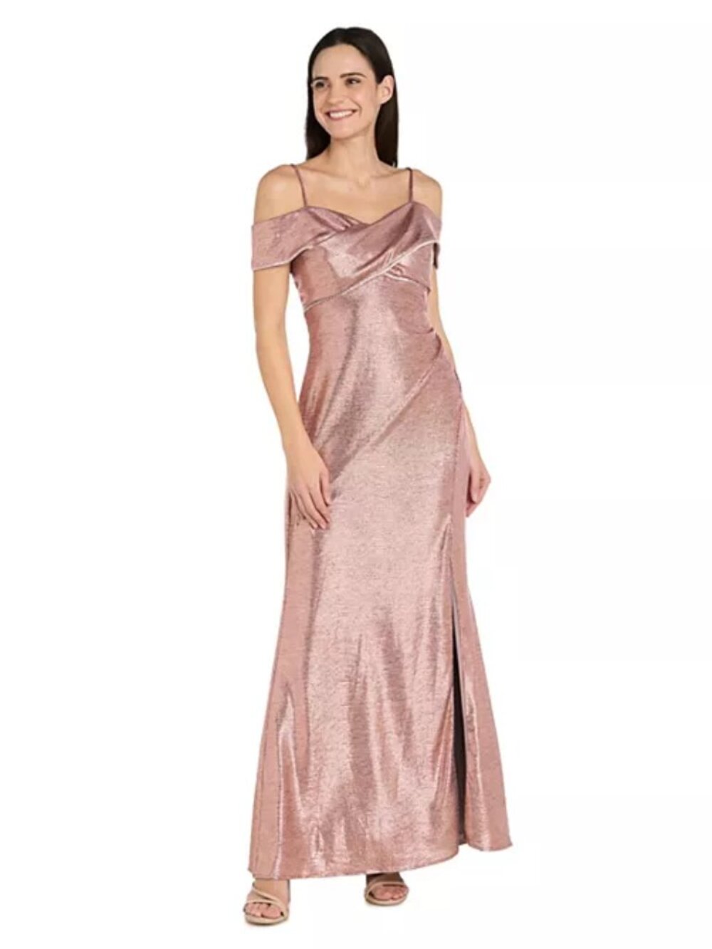 R&M Richards New Quartz Pink Metallic Shimmer Evening Gown Slit Rhinestone 20W